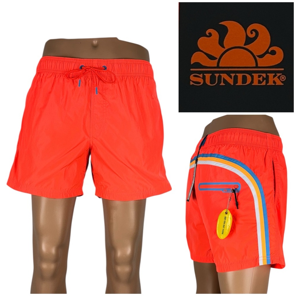 Sundek Swim Trunks Mens Medium Fluo Orange Rainbow Polyester Vacation Stains NWT